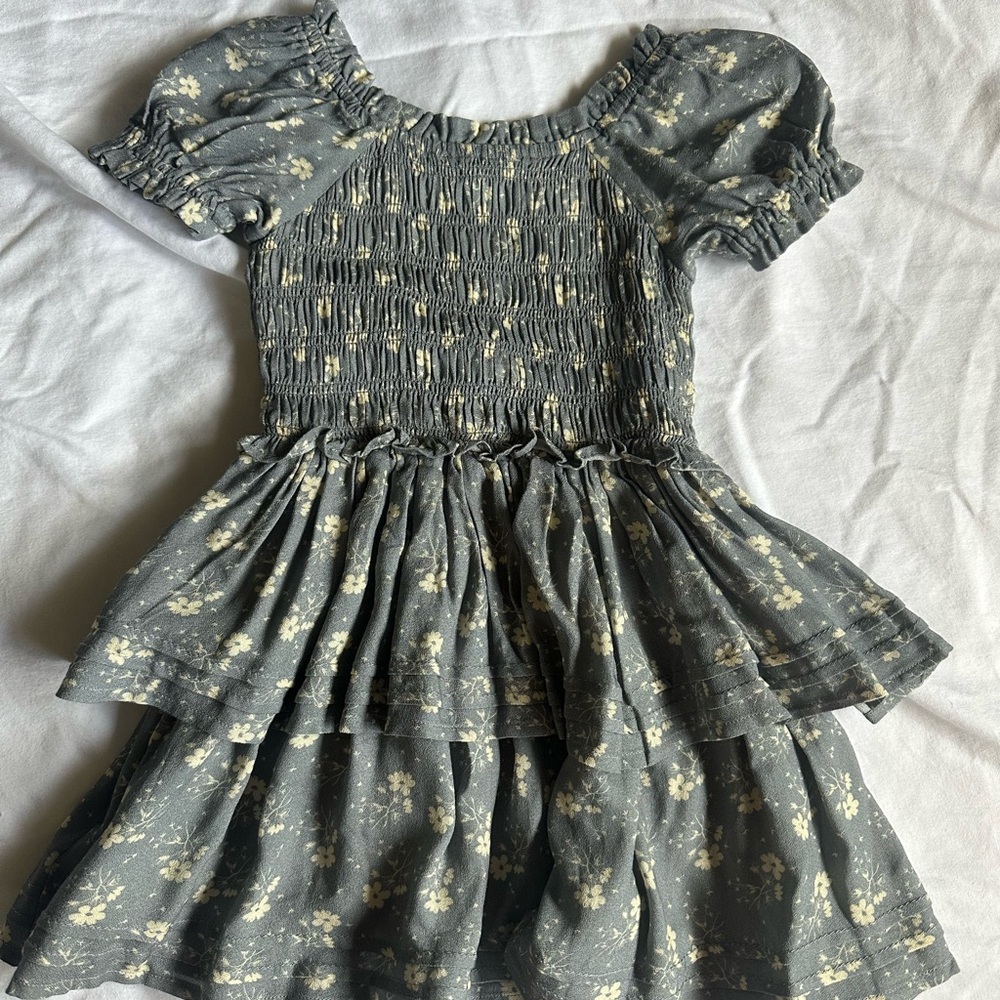 Girls' Floral Smocked Tiered Dress in Dusty Green